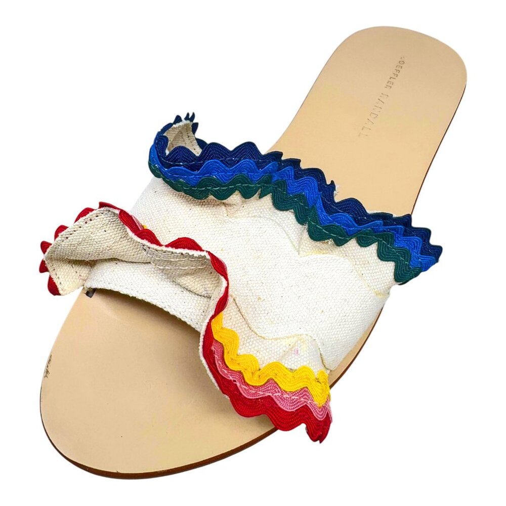 Loeffler‎ Randal Birdie Natural Canvas Ric Rac Ruffle Slides Sandals - Picture 3 of 11